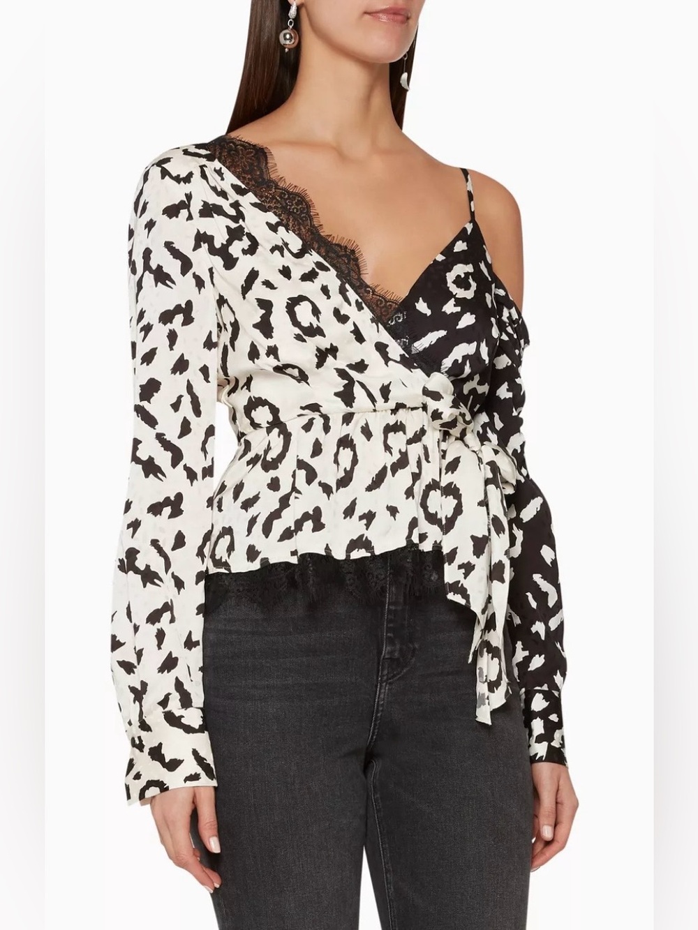 Self-Portrait Black & White Leopard Lace-Trim Asymmetric Wrap Blouse